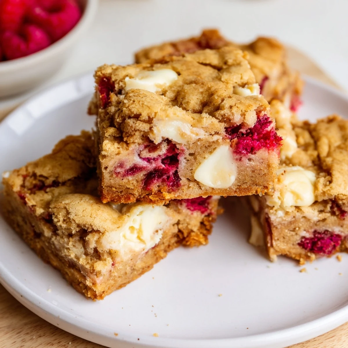 Decadent white chocolate and raspberry blondies, warm from the oven with melted white chocolate and ruby raspberries.