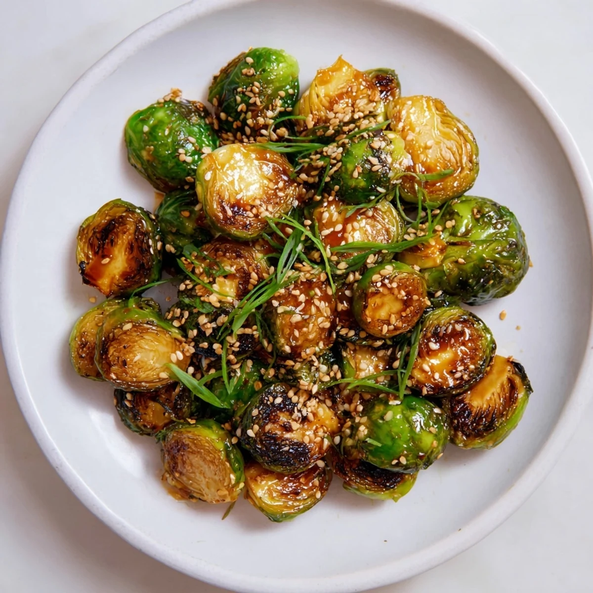 Golden-brown, crispy Honey-Soy Glazed Brussels Sprouts served on a platter, ready to eat now.