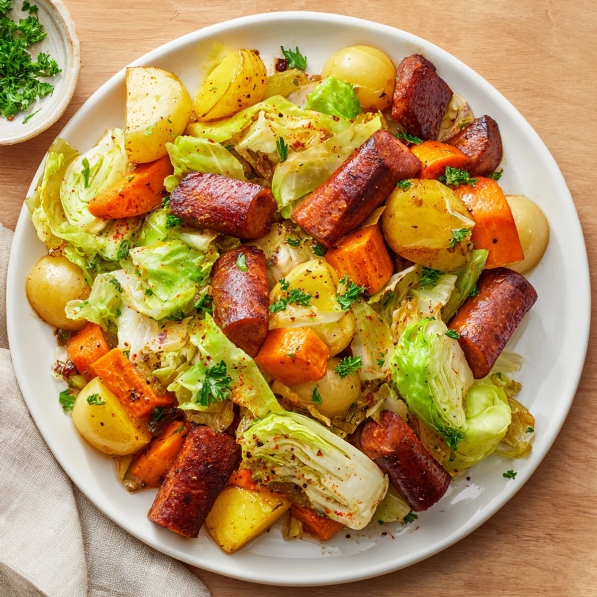 Golden-brown All-in-One Pan Sausage and Cabbage bake, perfectly roasted with tender vegetables and sausage slices.
