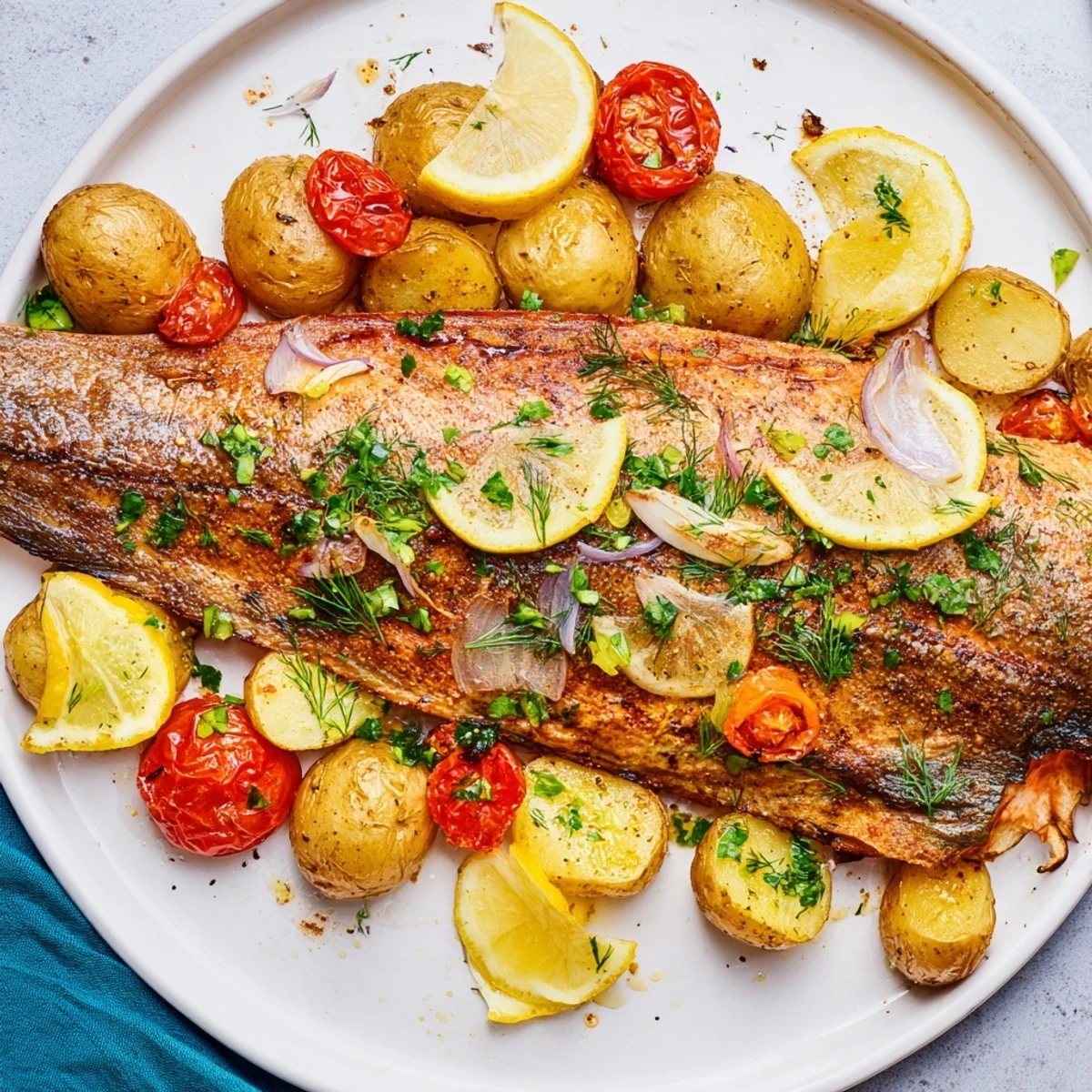 Golden-brown One-Tray Baked Trout, filled with fragrant herbs, served alongside roasted vegetables.