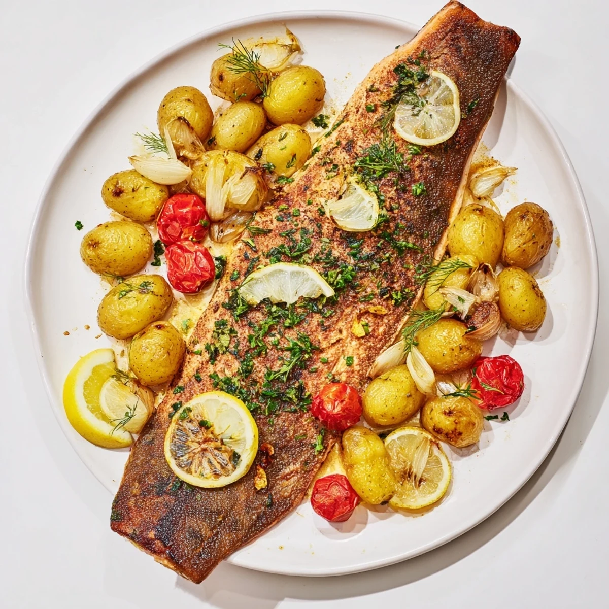 The crispy skin of One-Tray Baked Trout, herbs glistening, ready to serve with lemon slices.