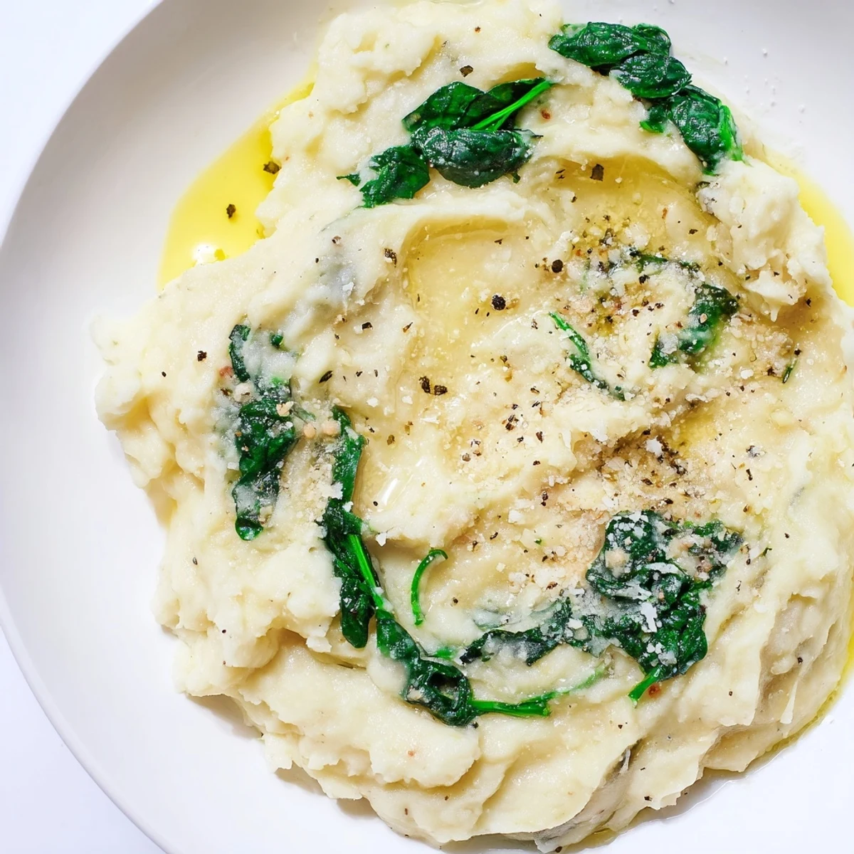 A close up shows the delicious Creamy Spinach and Parmesan Mashed Potatoes, steaming and ready to be served.