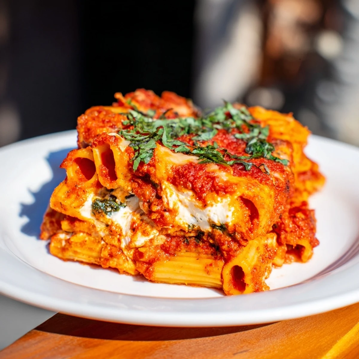 A close-up of cheesy, bubbling One-Dish Baked Ziti, perfect for a satisfying Italian-American dinner.