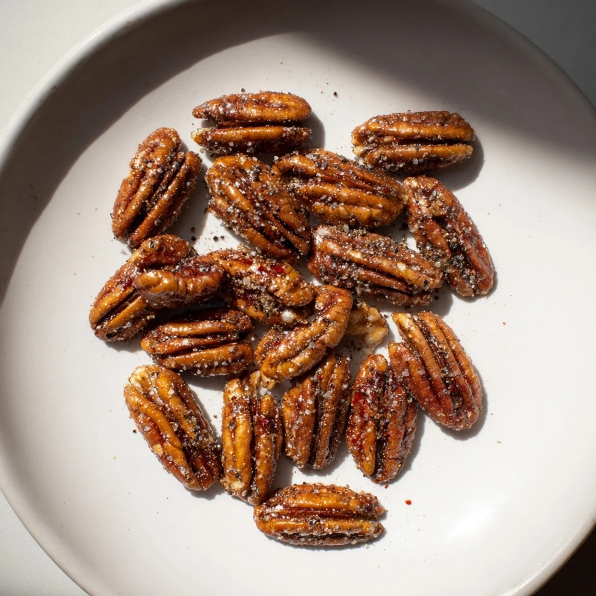Golden Simple Garlic-Honey Roasted Pecans, glistening with a sweet glaze, fresh from the oven, ready to serve.