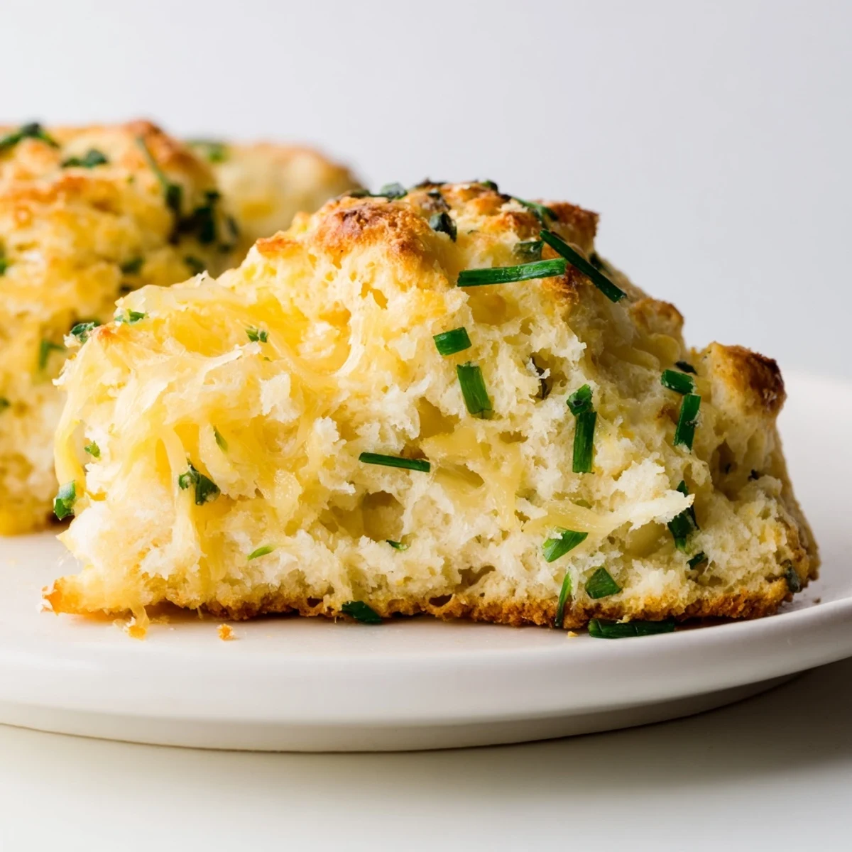 These golden cheddar and chive scones showcase a flaky, buttery texture with sharp cheese visible.