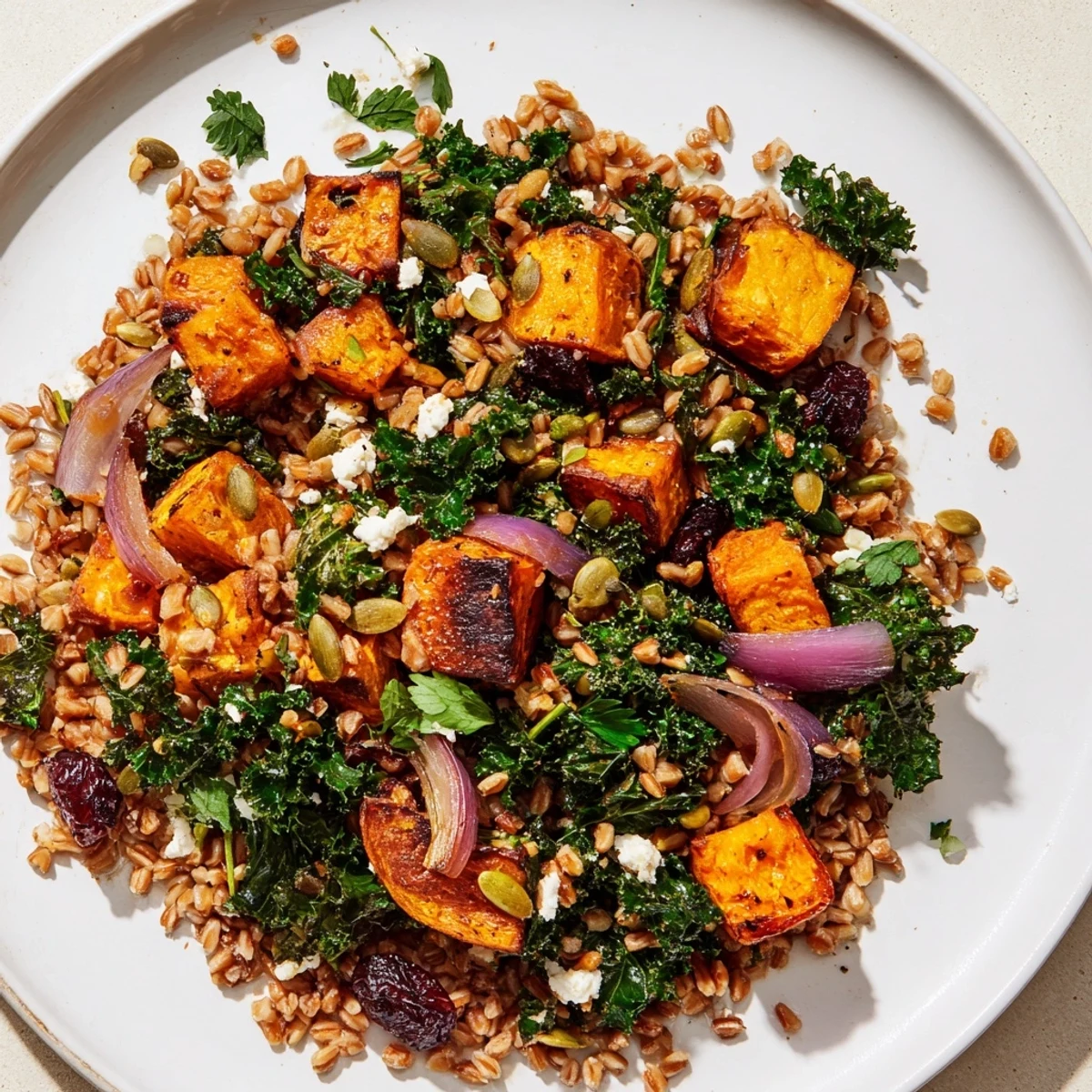 Golden roasted pumpkin and kale atop a Harvest Grain Bowl; a flavorful, autumn-inspired meal.