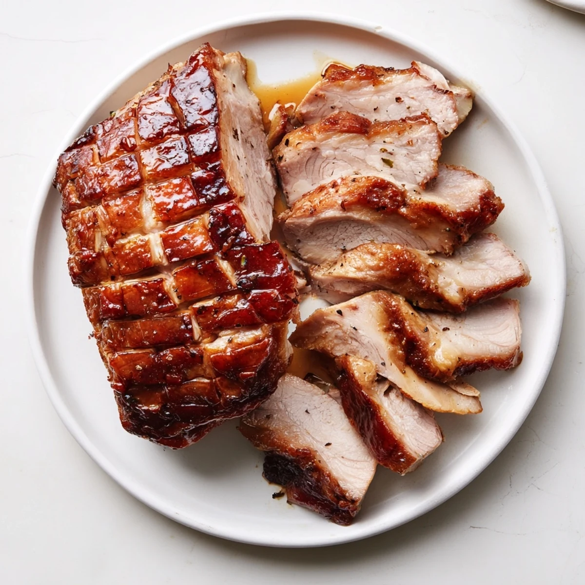 Tender slow-roasted pork shoulder glistening with a rich cider glaze, ready for serving alongside mashed potatoes.