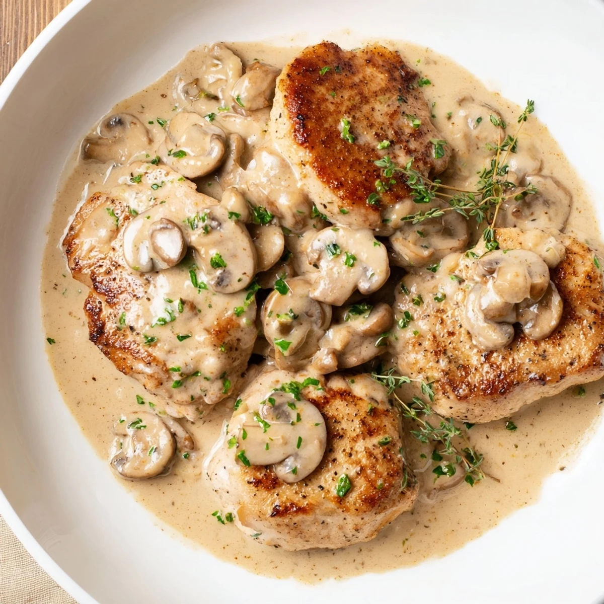 Skillet-Seared Chicken Breast with Mushroom Cream Sauce, golden-brown and bathed in a decadent, creamy sauce.