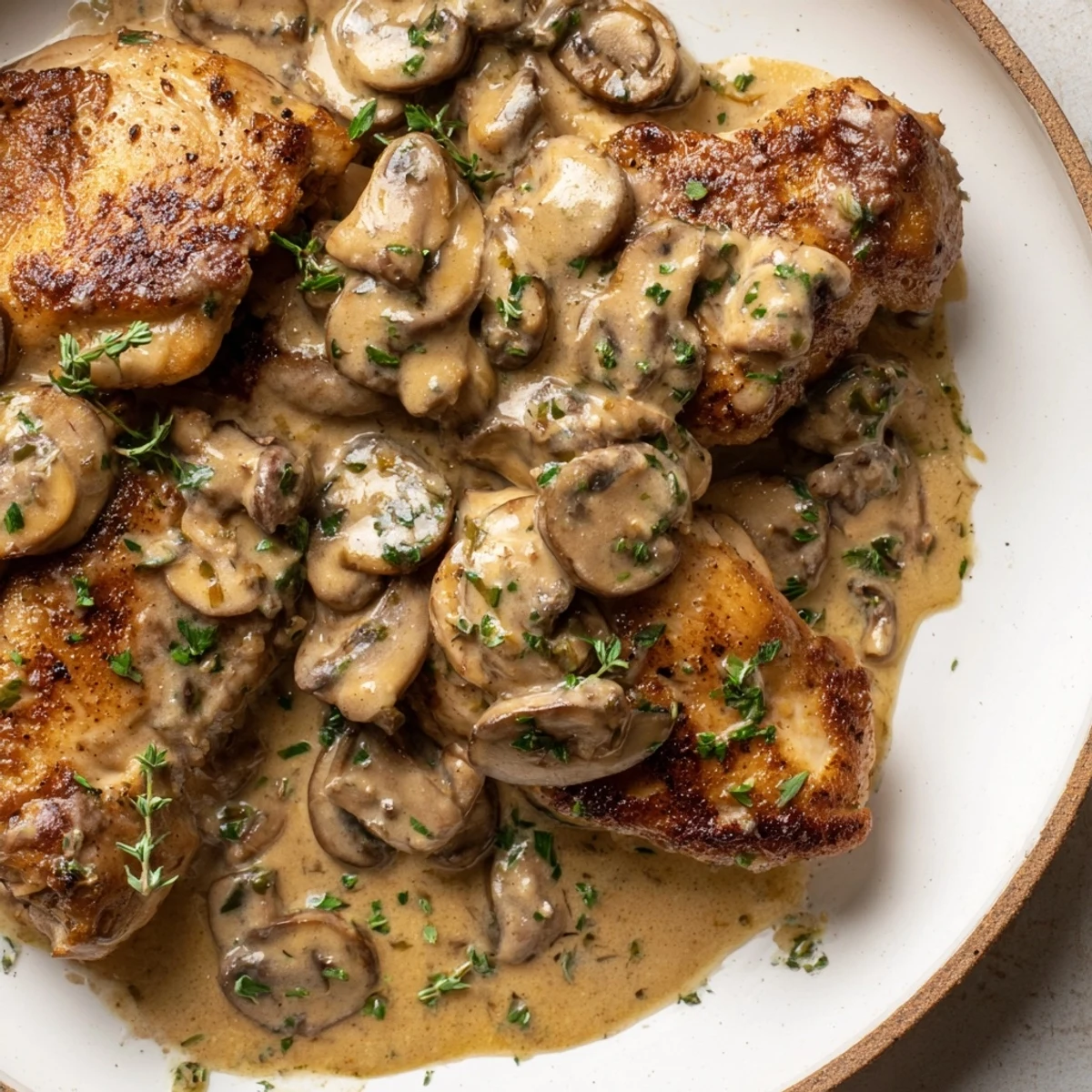 Juicy Skillet-Seared Chicken Breast swimming in a savory, mushroom cream sauce, ready for serving with fresh parsley.