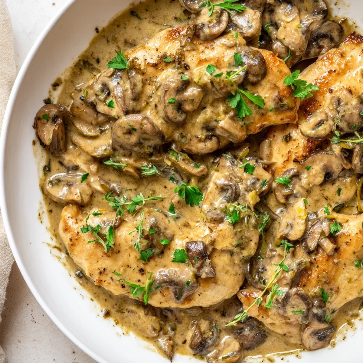 Perfectly seared Skillet-Seared Chicken Breast, ready to enjoy with a rich mushroom cream sauce, an easy weeknight meal.