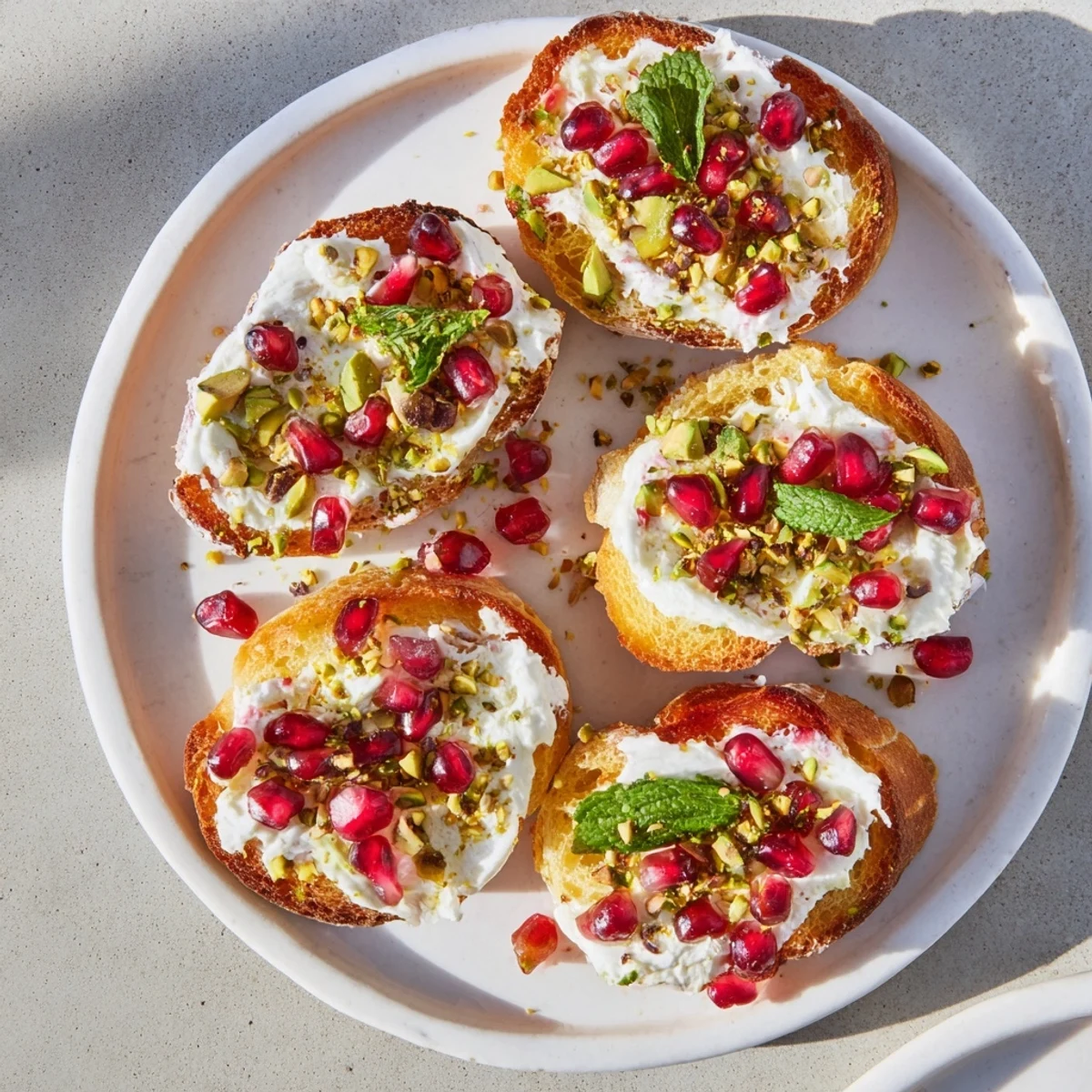 A close-up view of creamy goat cheese topping delicious Festive Pomegranate and Goat Cheese Crostini appetizers.