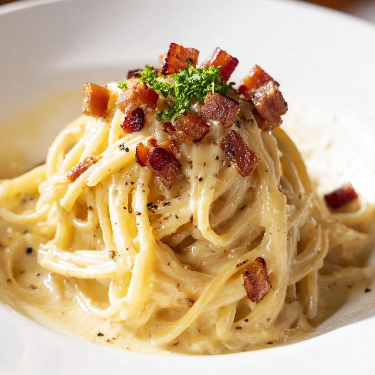 Steaming bowl of The Best 15-Minute Creamy Carbonara pasta, beautifully coated in sauce with crisp pancetta.