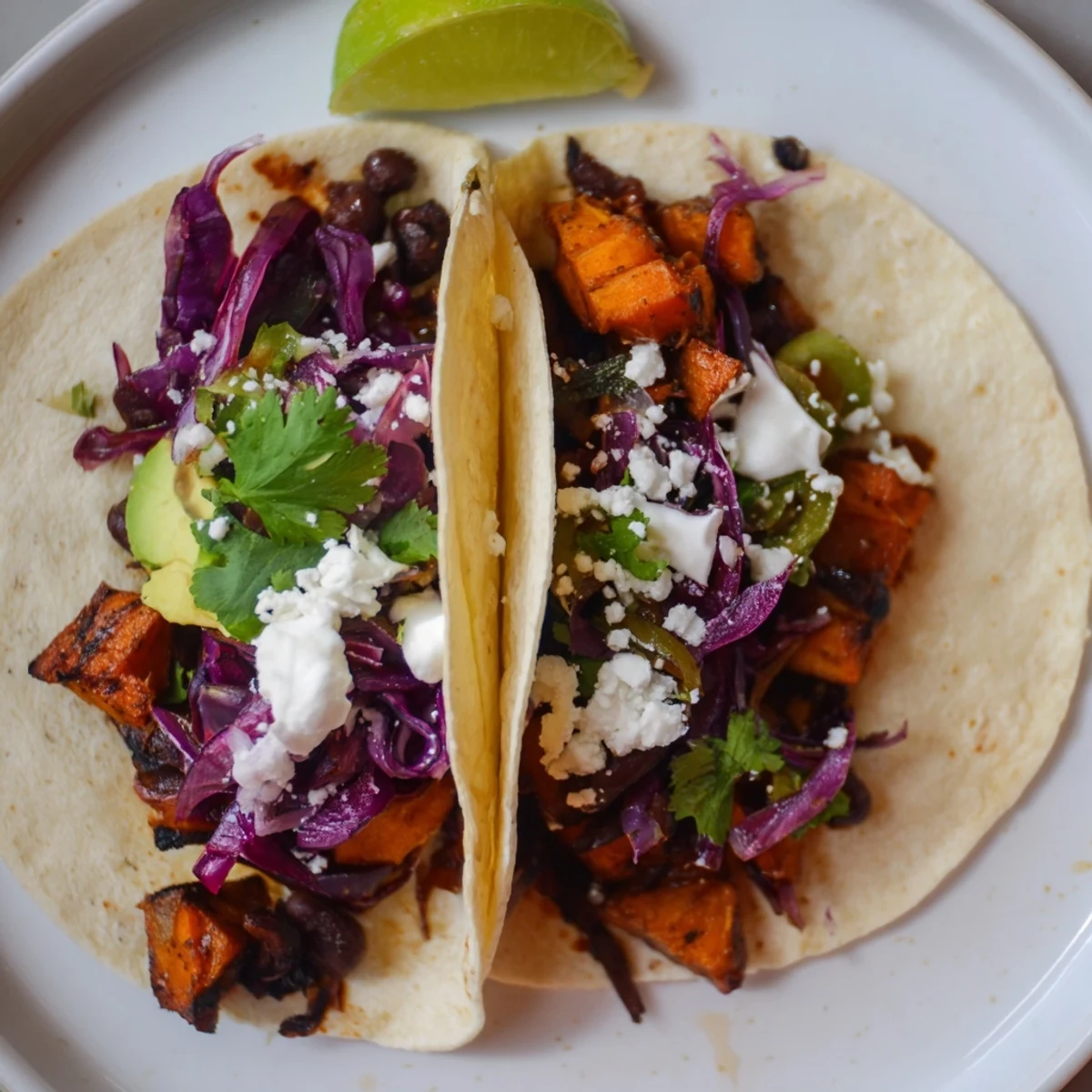 Quick sweet potato and black bean tacos bursting with colorful veggies and creamy avocado, ready to enjoy.