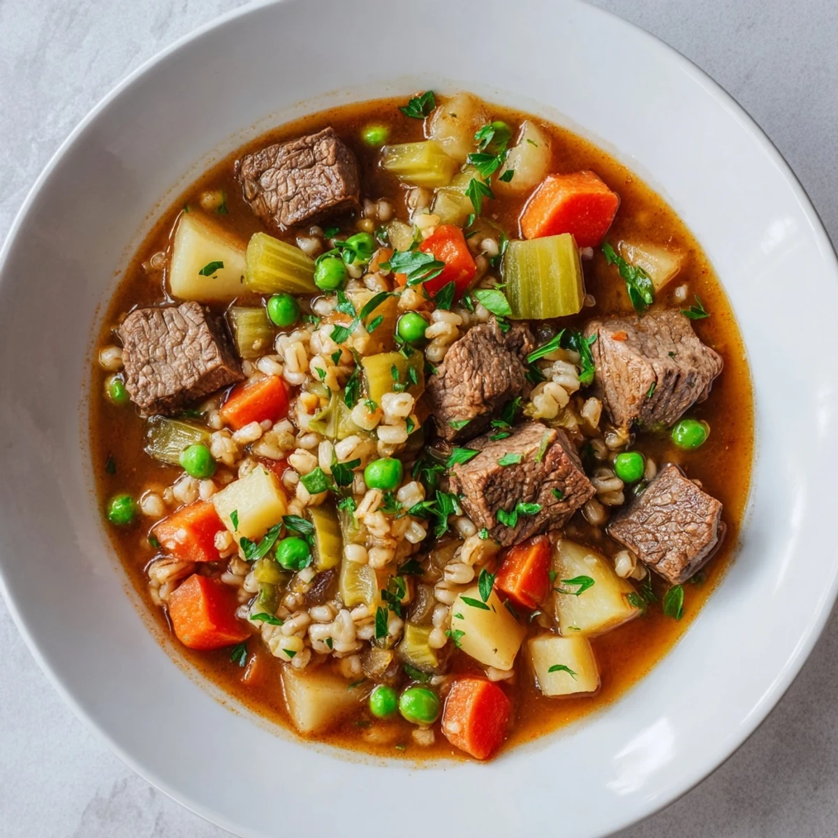 Steaming bowl of one-pot hearty beef and barley soup, filled with tender beef and vegetables, ready to eat.