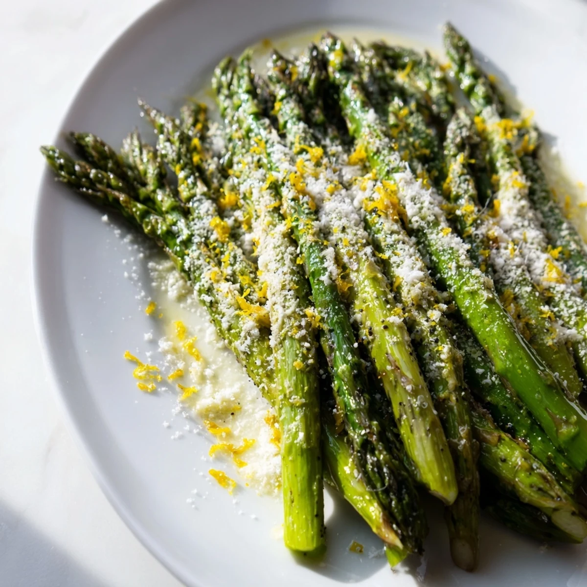 Tender, green roasted asparagus with flavorful Parmesan and lemon, a Mediterranean-inspired dish.