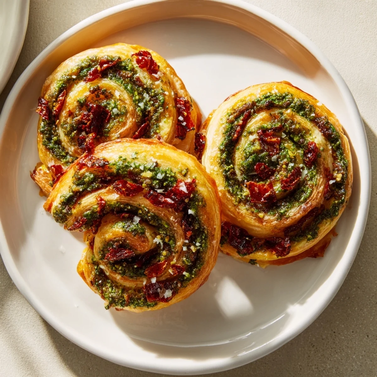 Golden, flaky Savory Sun-Dried Tomato and Pesto Palmiers, perfect for a sophisticated appetizer plate.