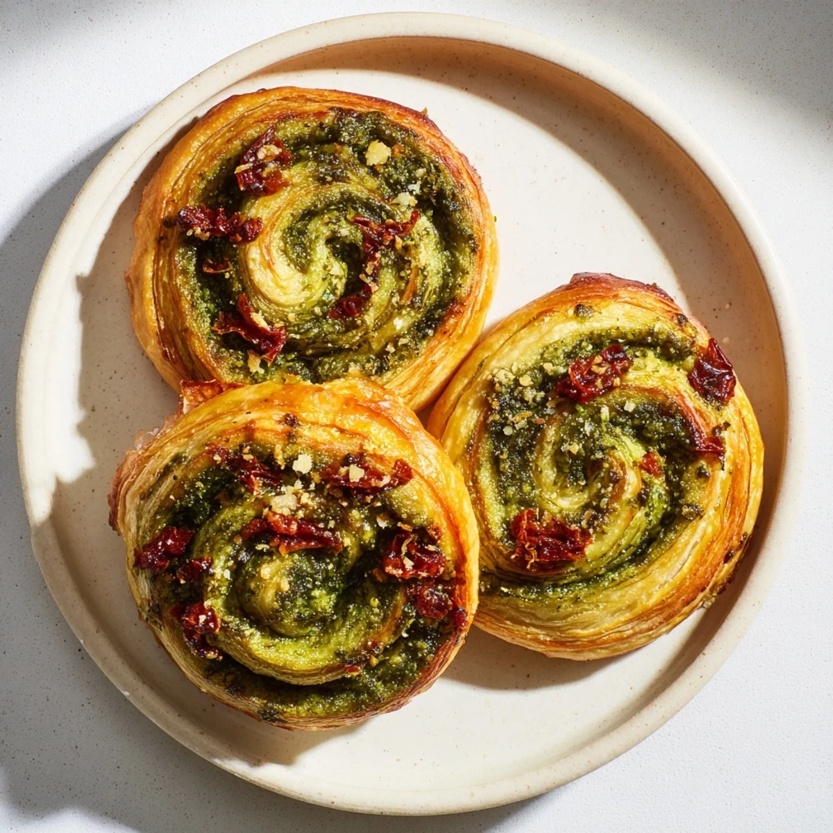 Close-up of baked Savory Sun-Dried Tomato and Pesto Palmiers, showcasing the flaky layers and savory filling.