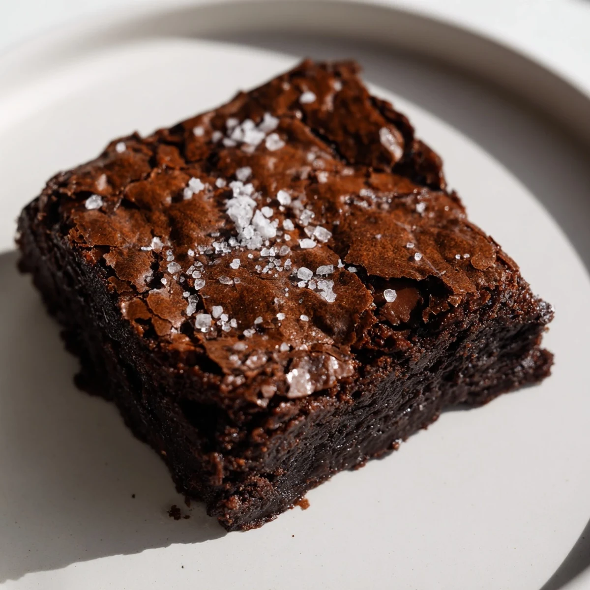 Warm, chewy homemade dark chocolate and sea salt brownies with a sprinkle of flaky sea salt.