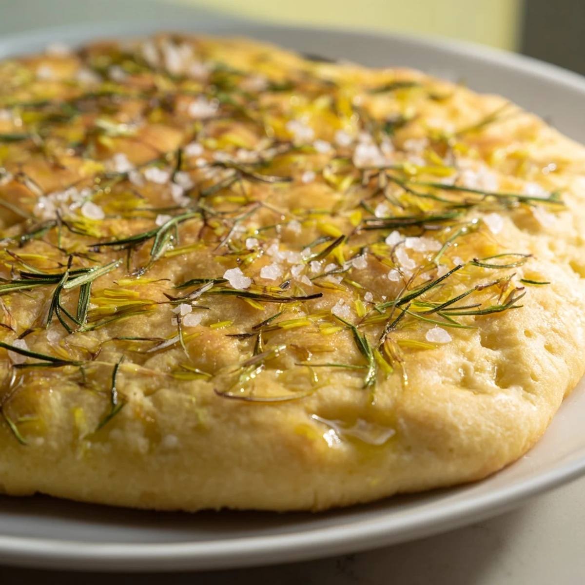 Golden, dimpled Simple Homemade Focaccia with rosemary and sea salt, a perfect appetizer.