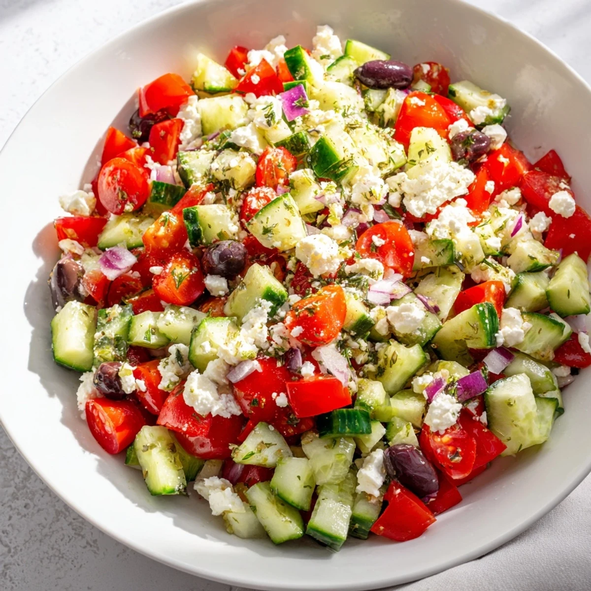 Fresh Mediterranean Salad with chickpeas and olives, a brightly-colored, refreshing mix perfect for lunch.