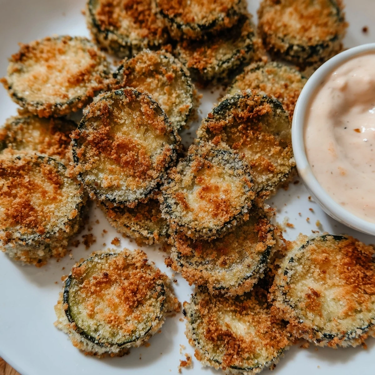 Golden, crispy baked zucchini rounds, a delightful vegetarian appetizer served with spicy mayo.