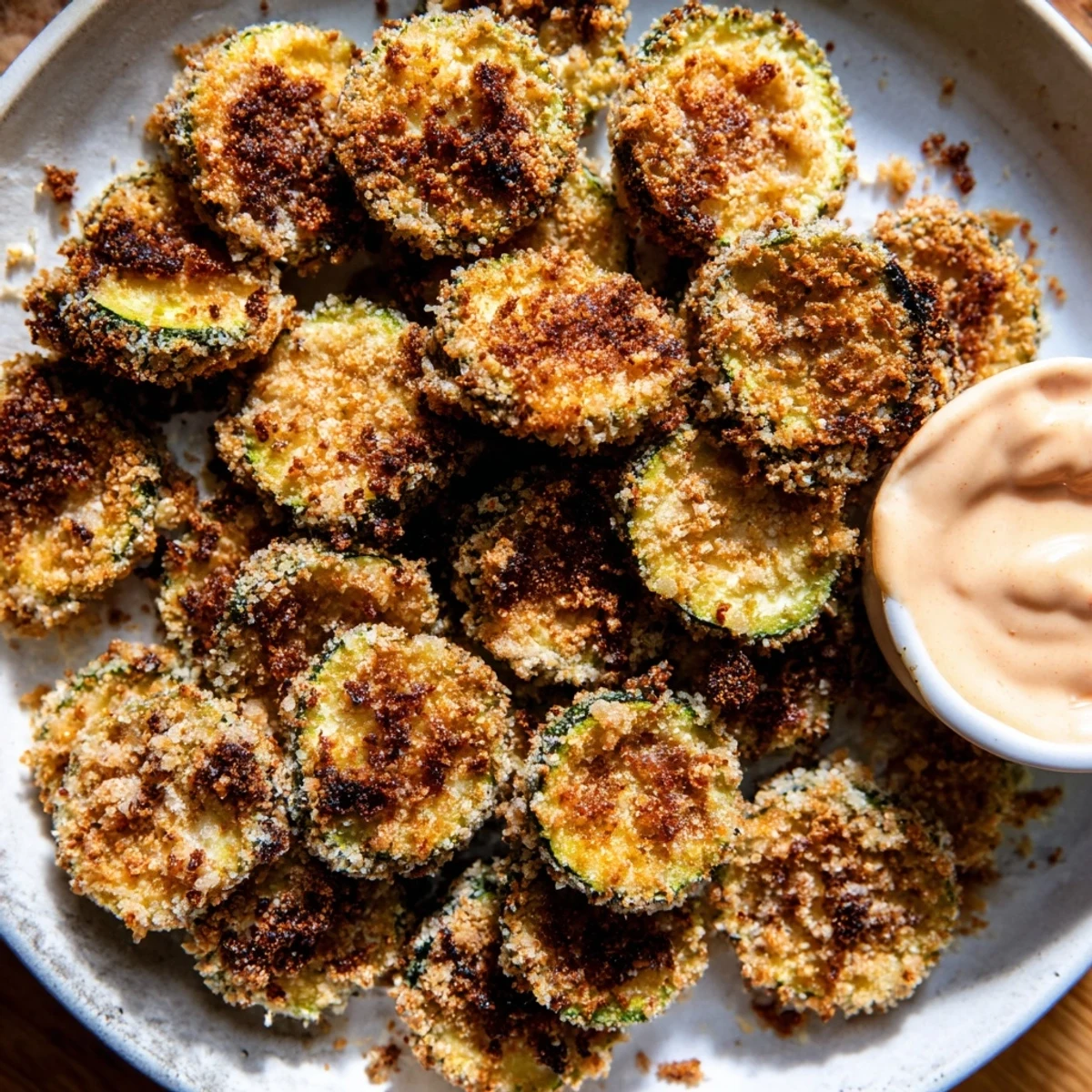Crispy baked zucchini rounds, perfectly browned and ready to dip into creamy, flavorful spicy mayo.