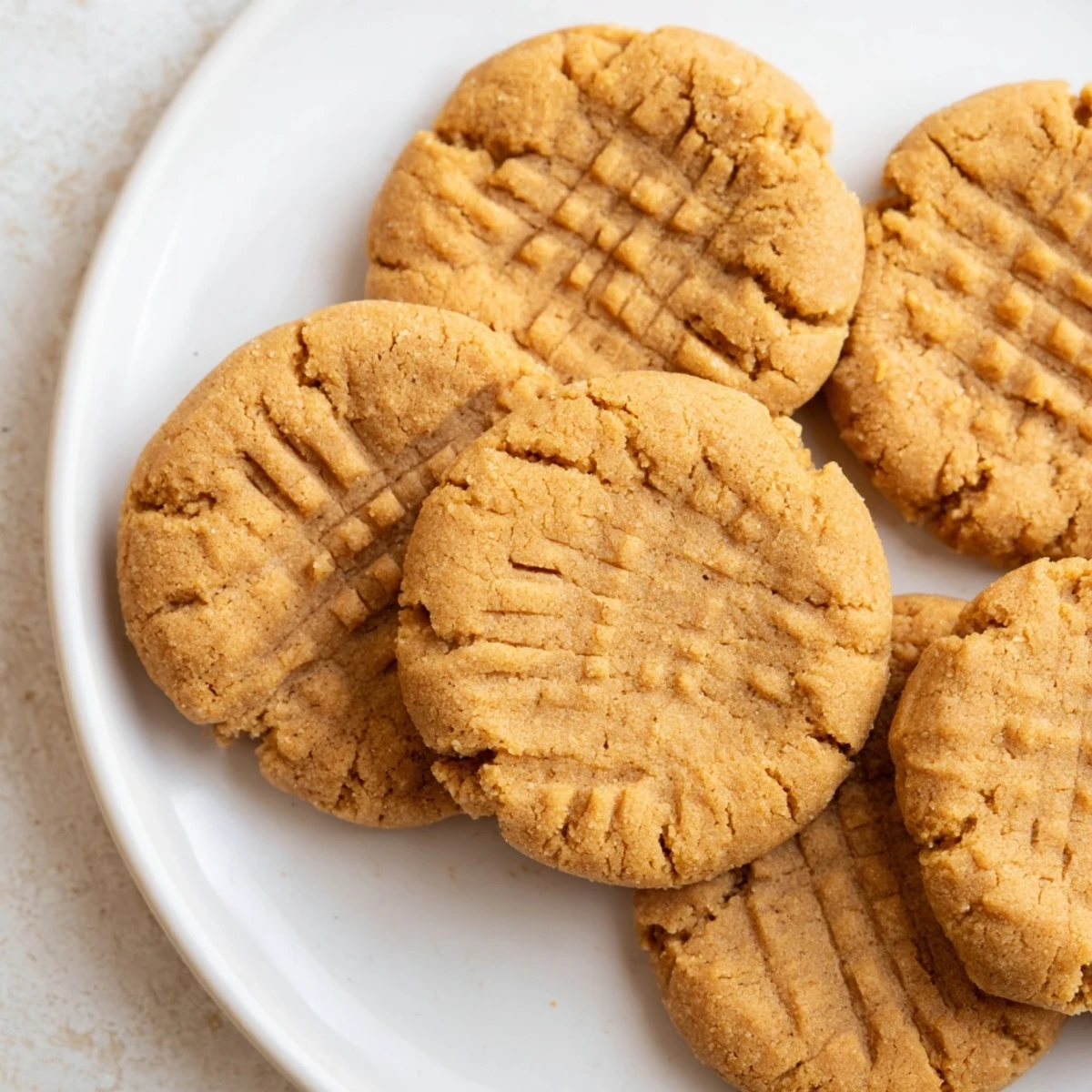 Warm, freshly baked flourless peanut butter cookies, delightfully golden brown and crisscrossed on a tray.