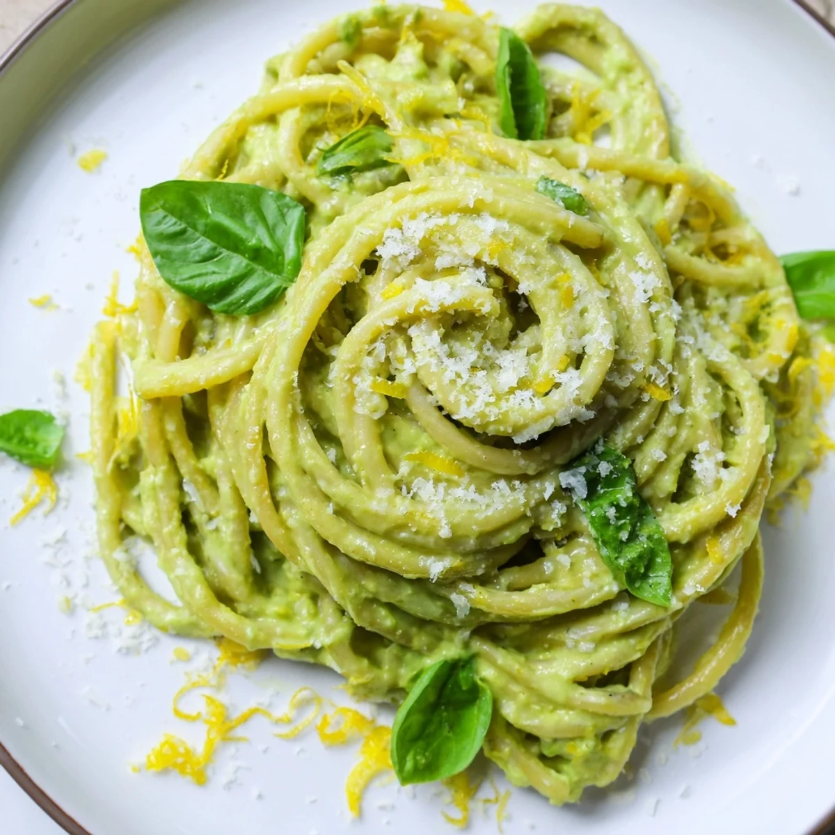 Creamy avocado pasta, bright green and glistening, topped with Parmesan and fresh basil, ready to enjoy.