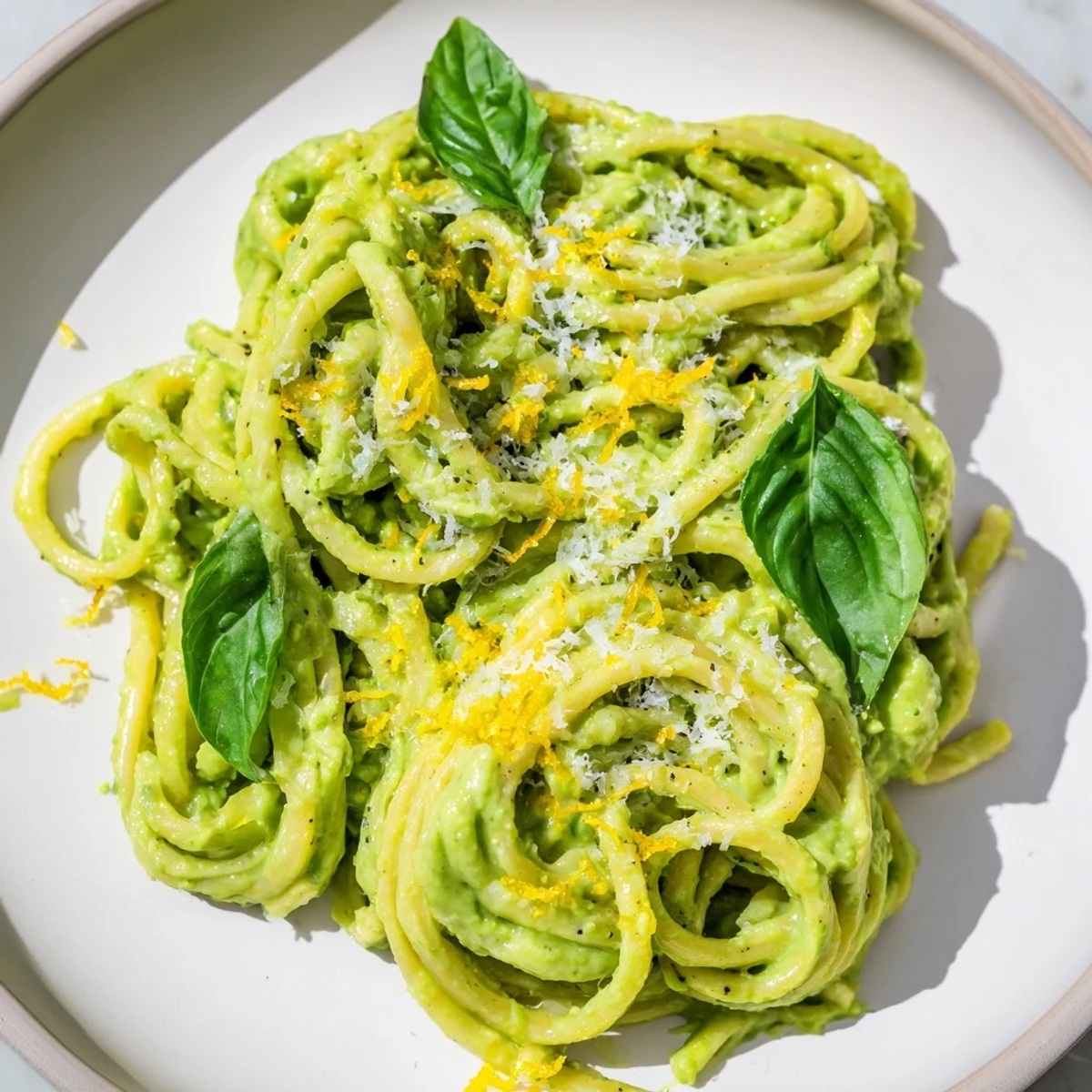 Rich creamy avocado pasta with a hint of lemon, garnished beautifully, a flavorful vegetarian main course.