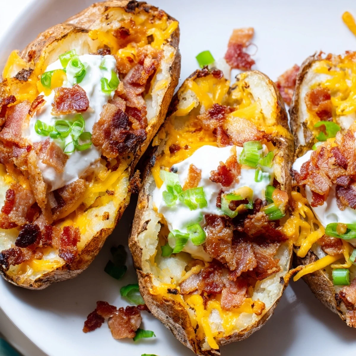 A close-up of savory Loaded Baked Potato Skins, showcasing the bubbly cheese and fresh green onions.