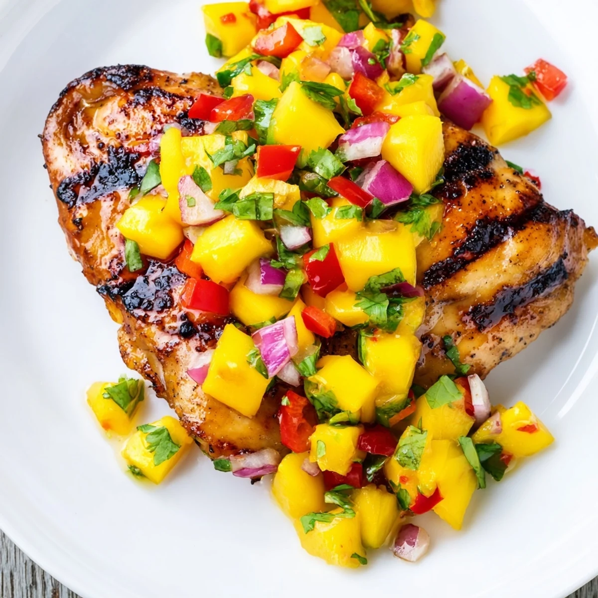 A beautiful close-up of Grilled Mango Salsa Chicken, a flavorful dish ideal for summer gatherings.