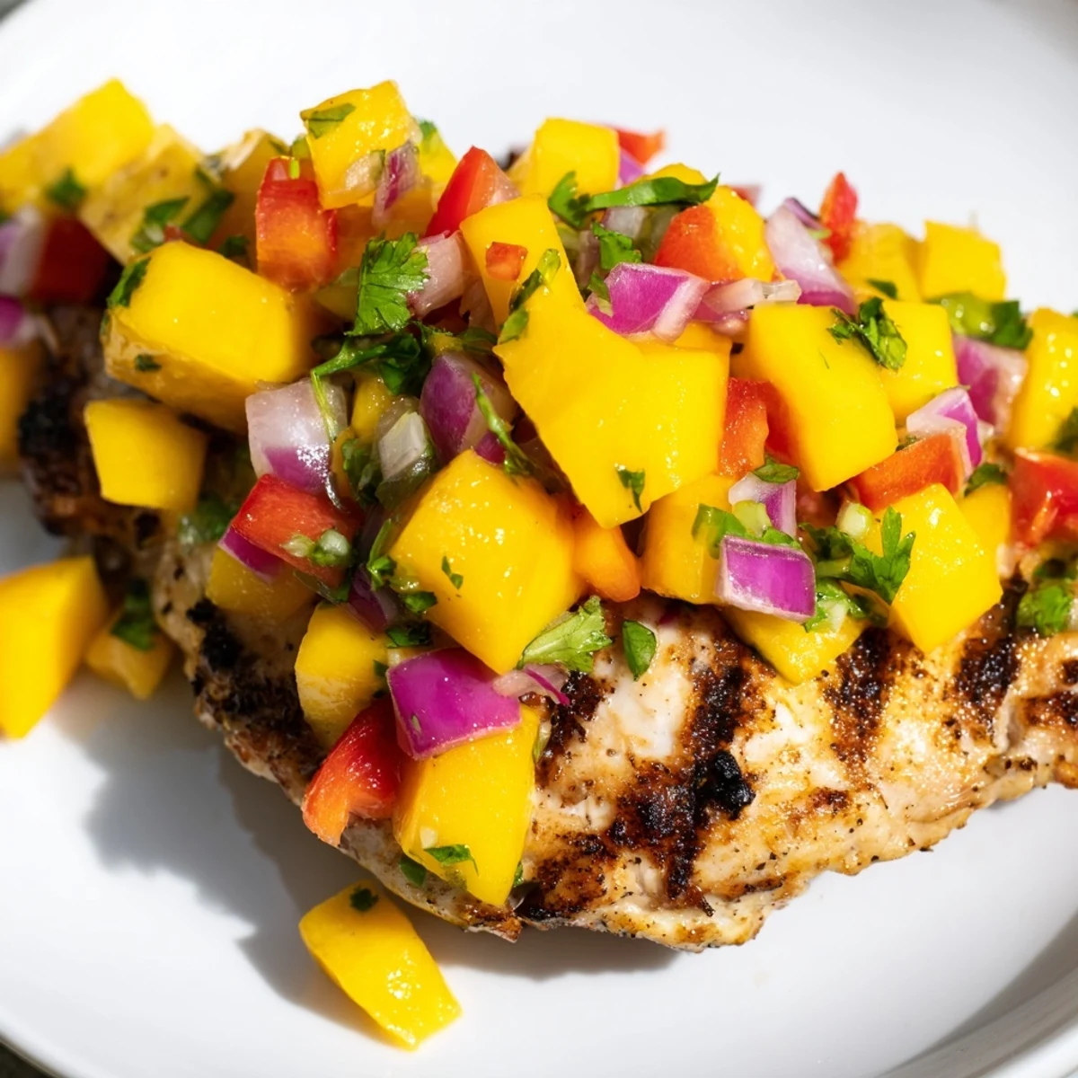 Grilled Mango Salsa Chicken with bright, colorful salsa topping juicy, perfectly grilled chicken breasts.