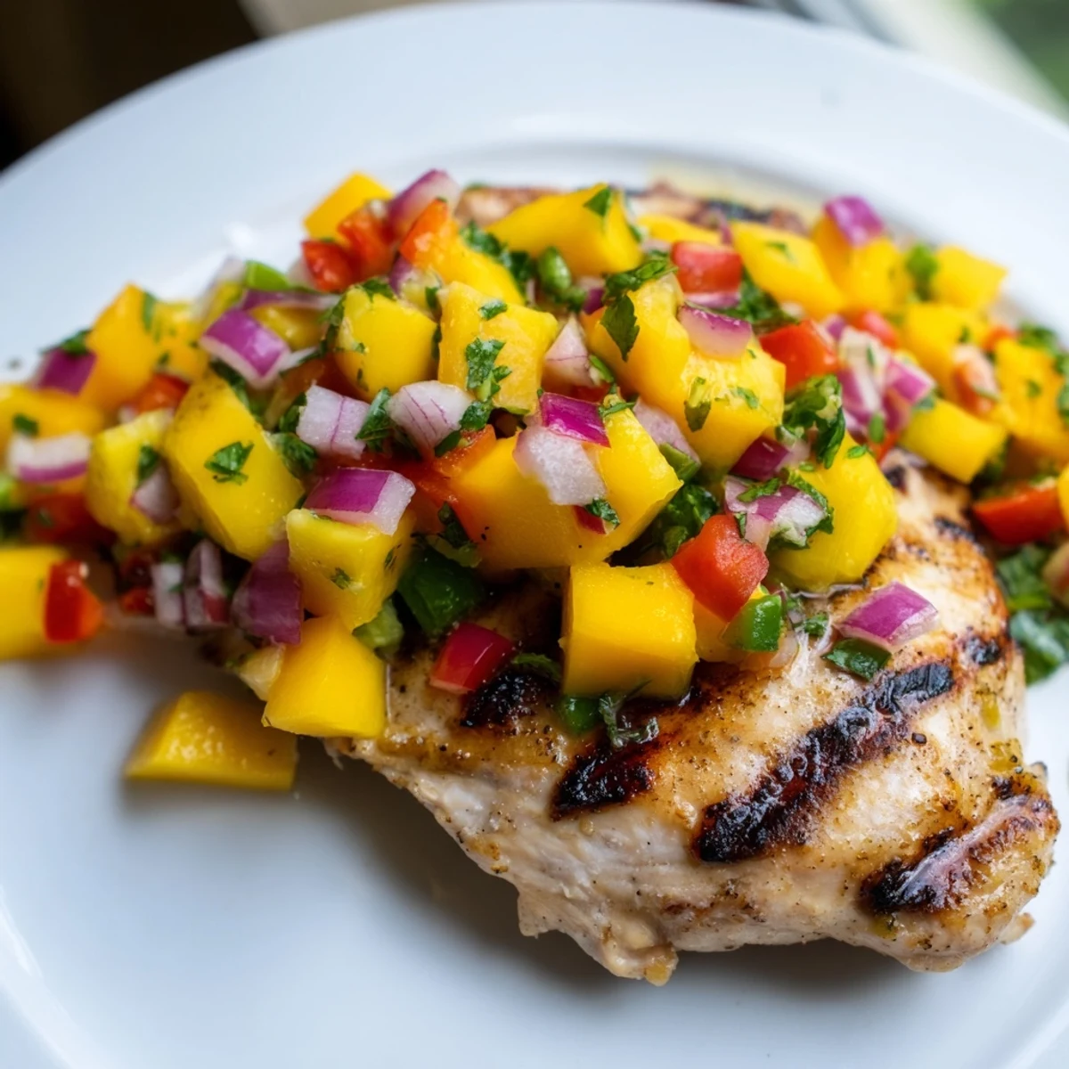 Vibrant image of Grilled Mango Salsa Chicken, ready to eat, served with fresh, colorful ingredients.