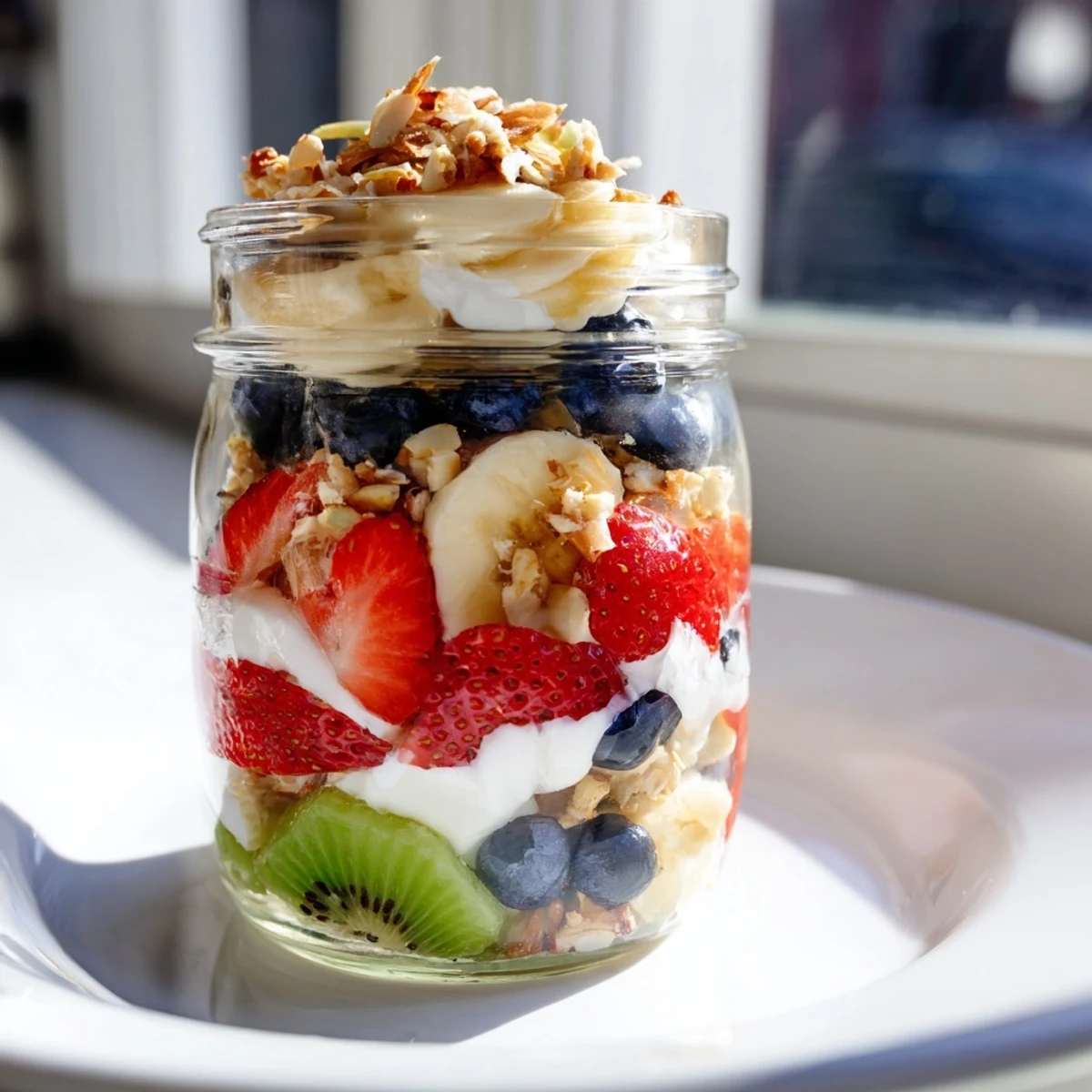 Creamy layered yogurt fruit parfait with vibrant berries and crunchy granola, a perfect breakfast cup.