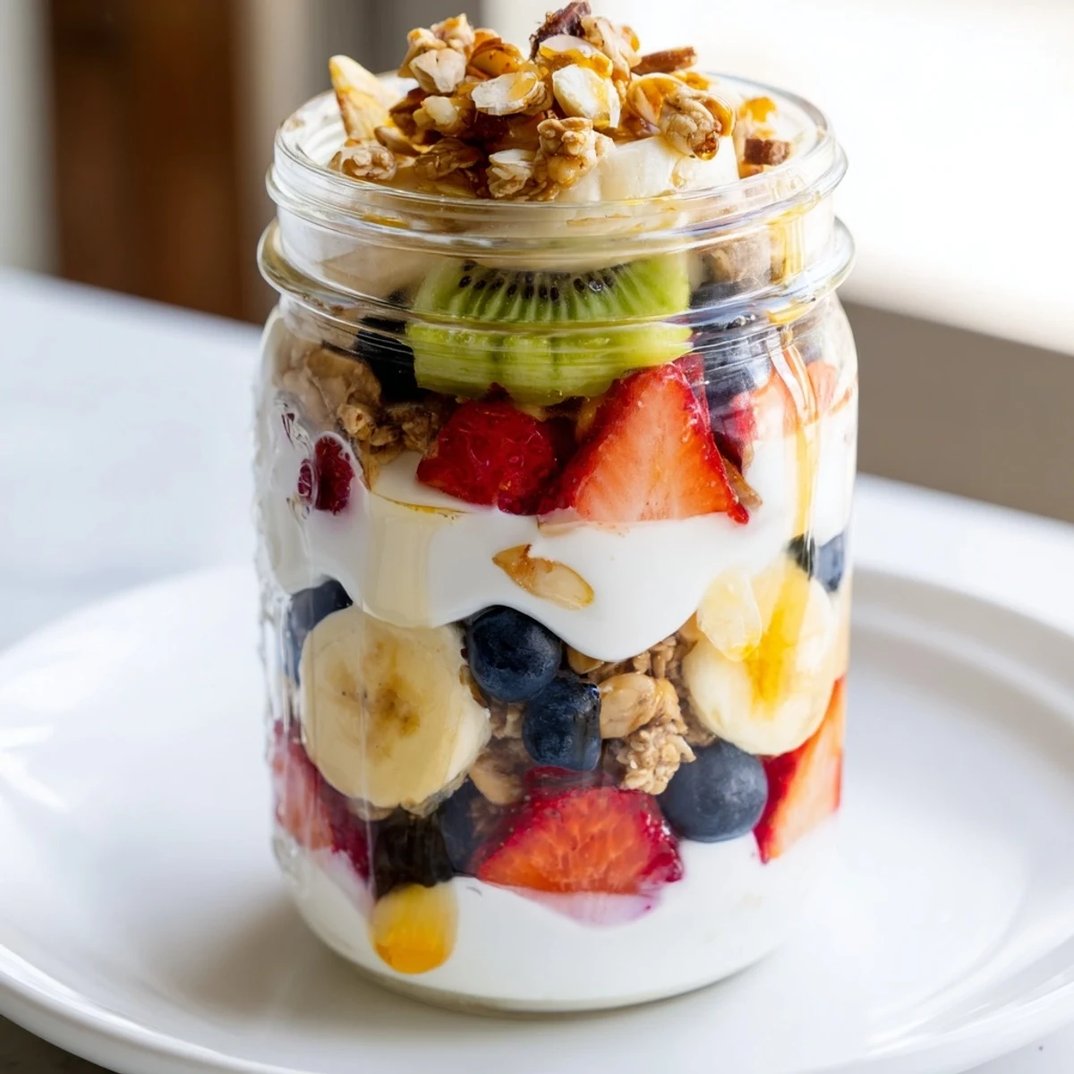 Delicious yogurt fruit parfait, showcasing fresh strawberries, blueberries, banana in a parfait glass.