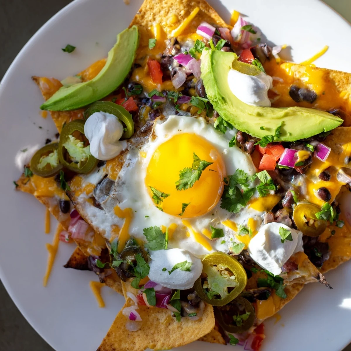 Golden-yolked eggs top cheesy, baked Egg-Topped Breakfast Nachos with vibrant vegetable toppings and crispy chips.