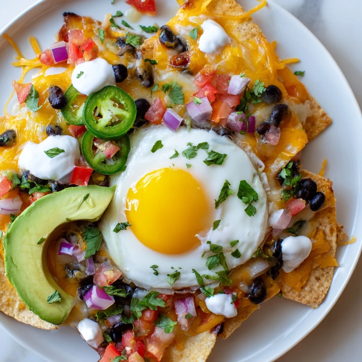 A comforting Tex-Mex delight: warm Egg-Topped Breakfast Nachos feature melted cheese, fresh toppings, and runny egg.