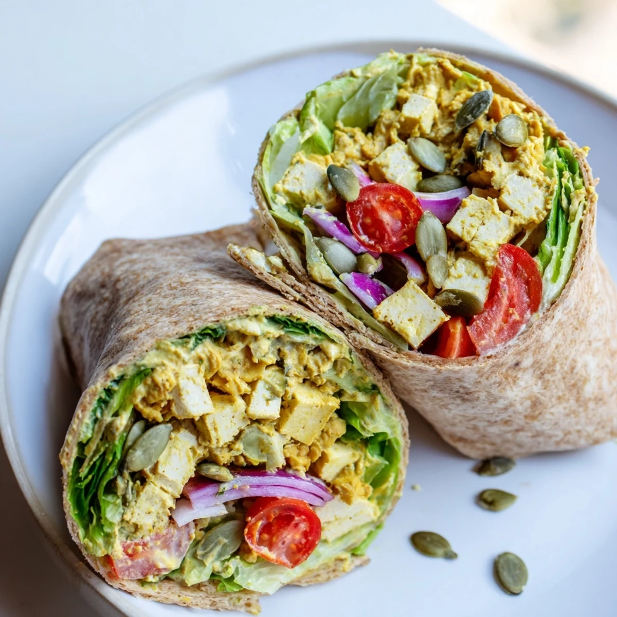 High-Protein Chicken-less Caesar Wrap, stuffed with crisp romaine and creamy dressing, perfect lunch idea.