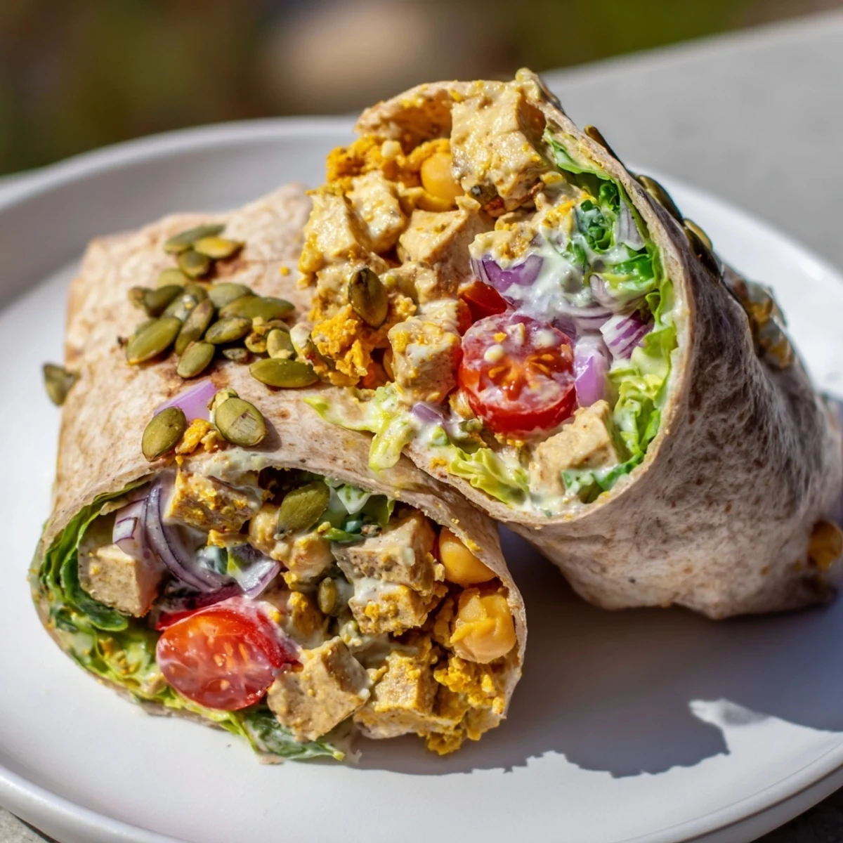 A close-up shot of a halved High-Protein Chicken-less Caesar Wrap, ready to eat, showing off the textures.