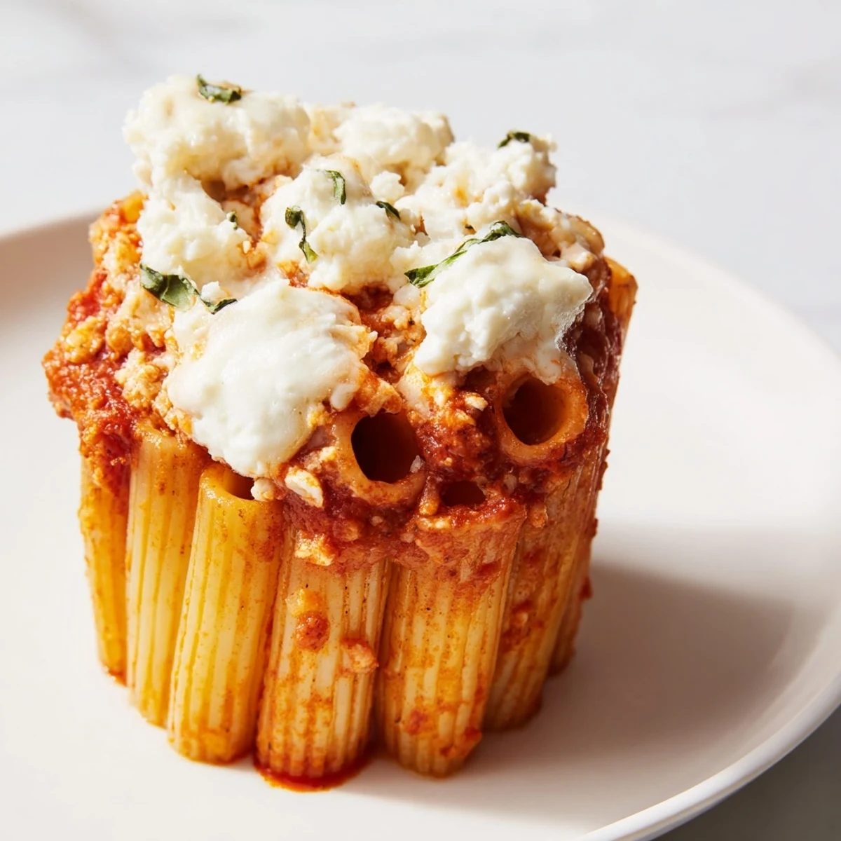 Golden-brown Baked Ziti Cups bubbling with melted mozzarella and rich tomato sauce, ready to eat.