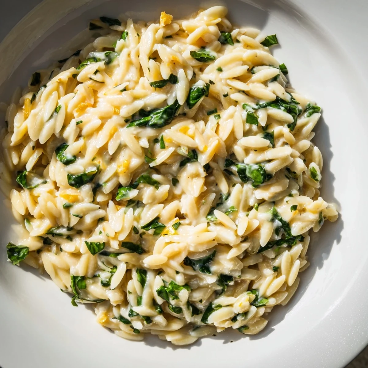 Steaming bowl of one-pot creamy orzo glistening with Parmesan cheese and fresh parsley, perfect for dinner.