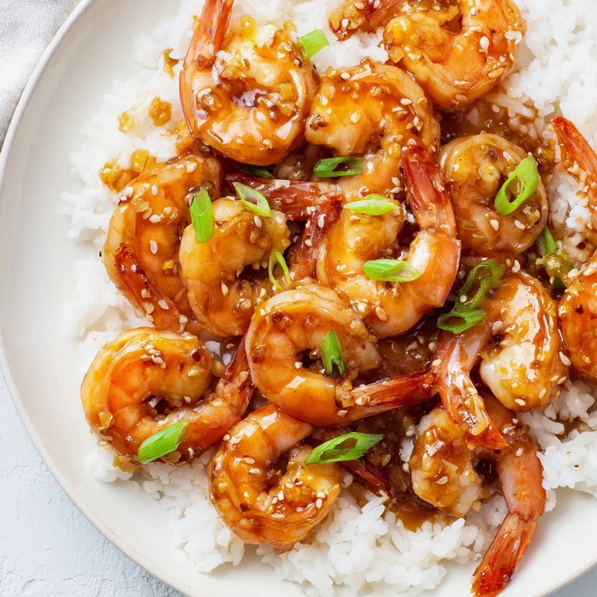 Close-up of golden-brown Honey Garlic Shrimp, perfectly cooked with a fragrant, sweet glaze.