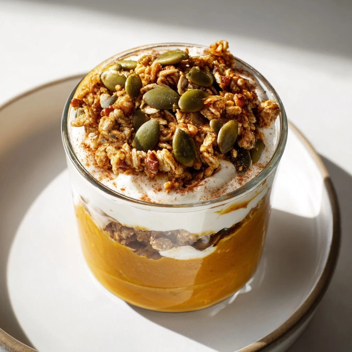 Creamy layered pumpkin yogurt parfait, swirled with fall spices, and ready for a delicious bite.