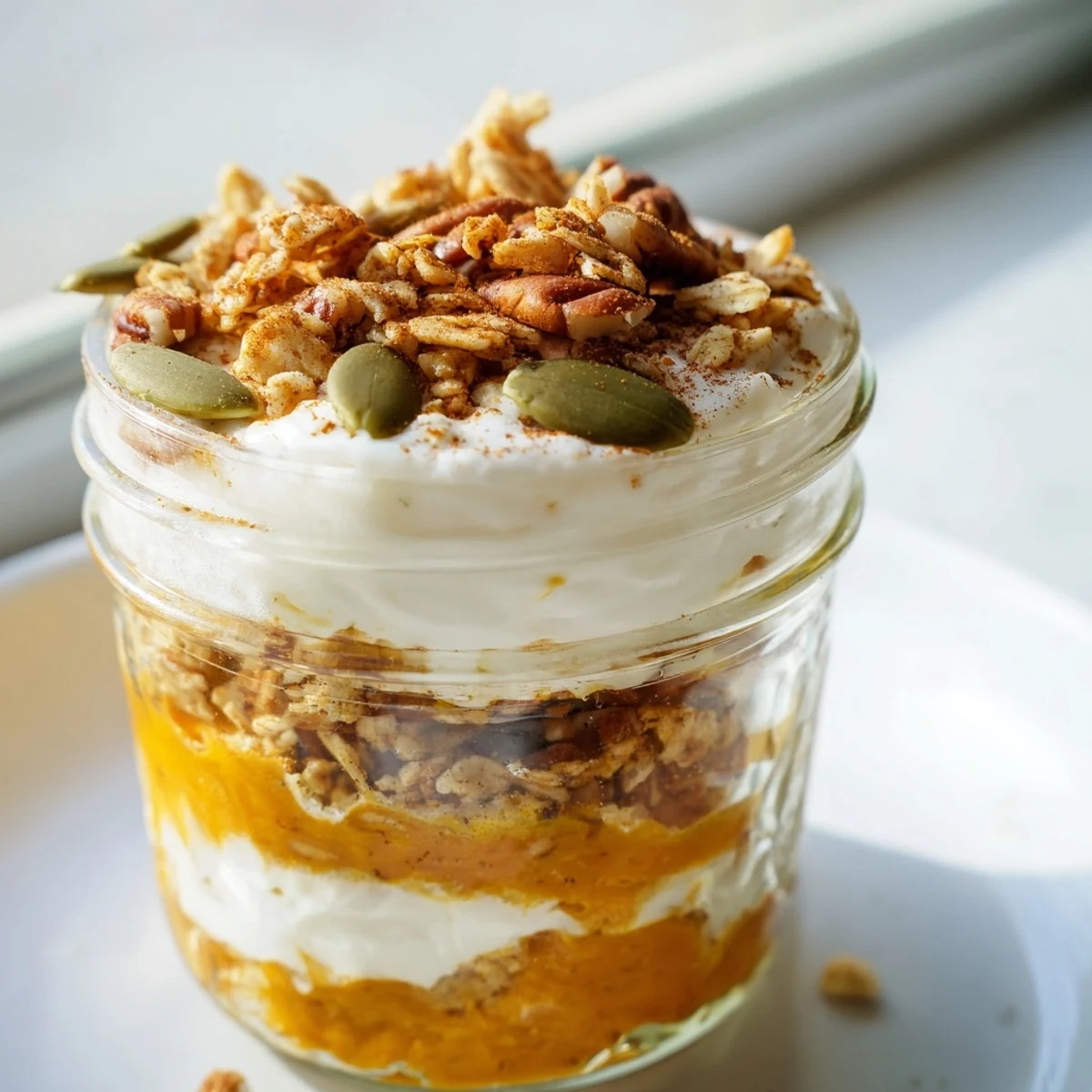 A beautiful pumpkin yogurt parfait, showcasing layers of pumpkin puree, yogurt, and granola textures.
