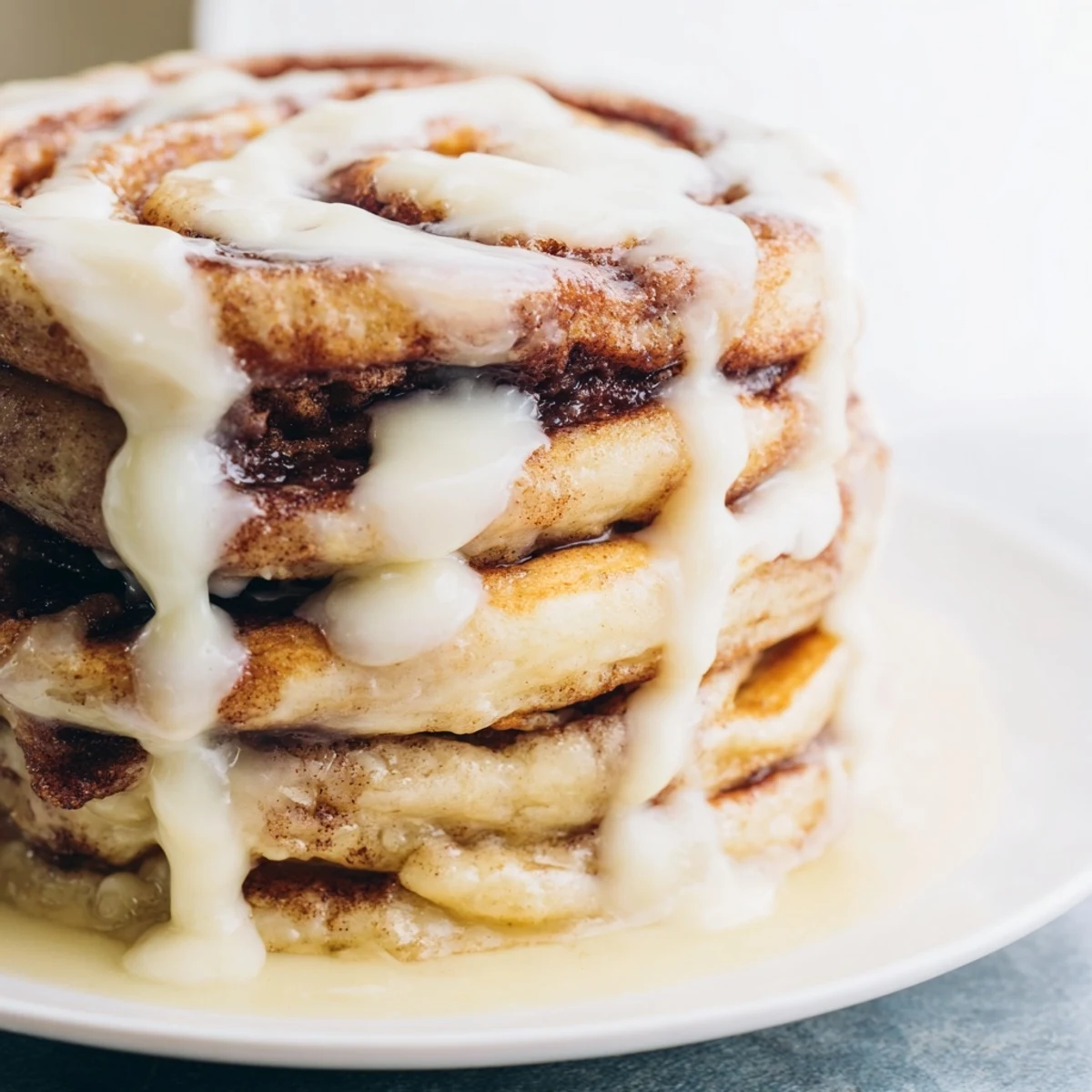 Golden cinnamon roll pancakes drizzled with sweet cream cheese frosting, a perfect breakfast.