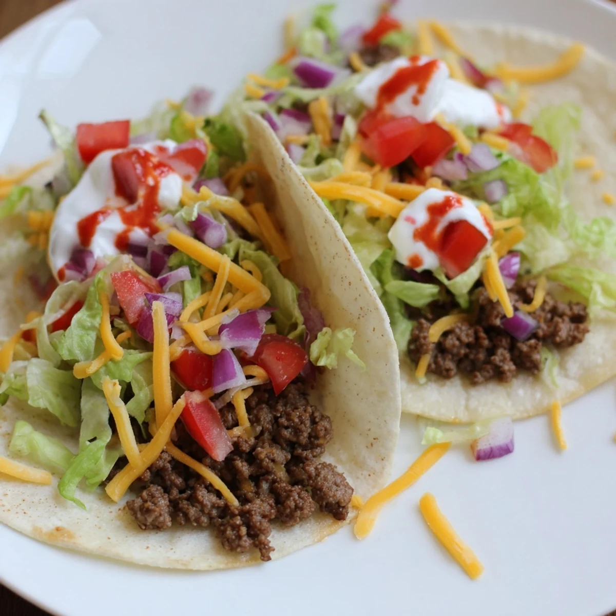 Close-up of perfectly seared beef in Crispy Smash Tacos, with vibrant tomatoes and onions visible.