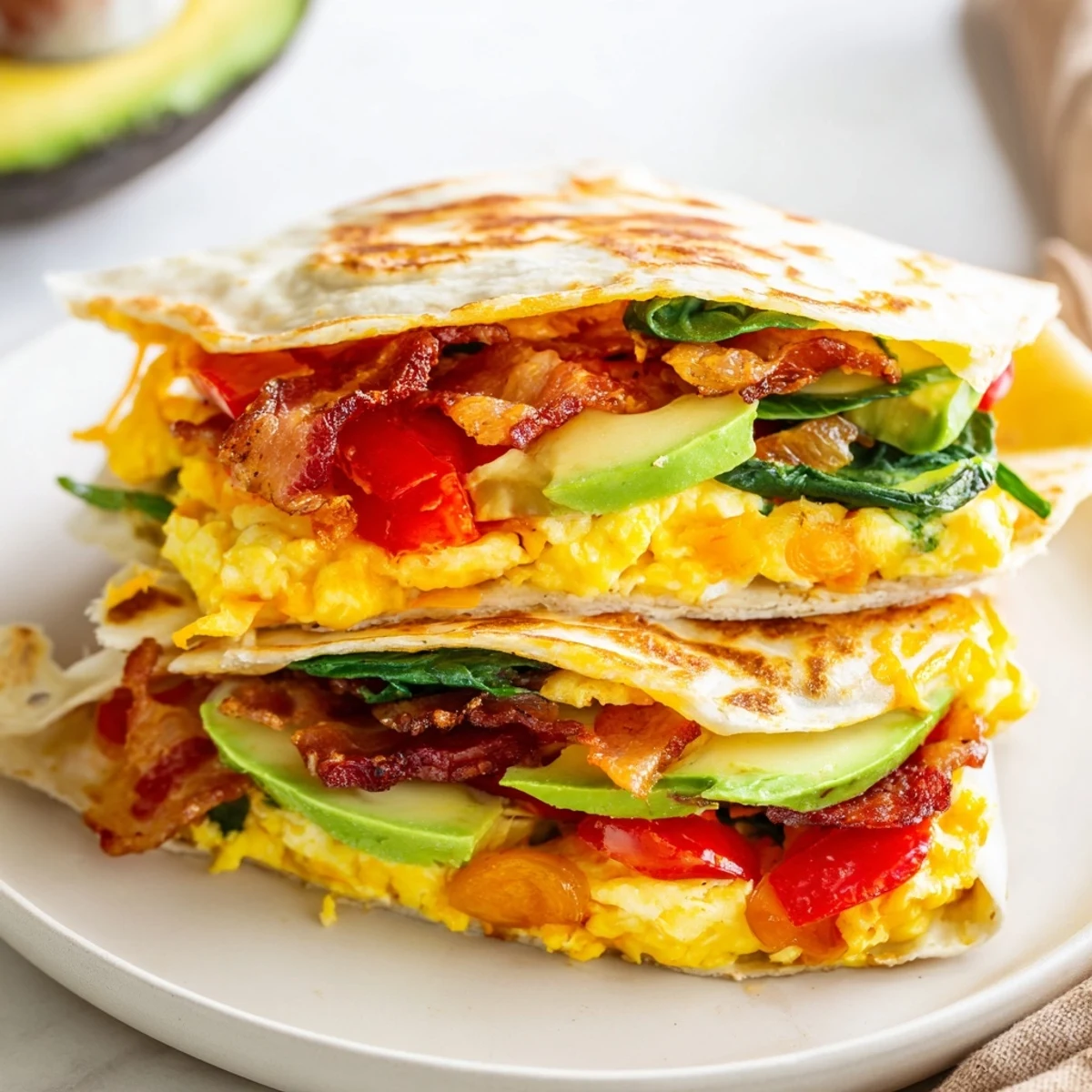 Golden, crispy breakfast wrap with melted cheese, bacon, and scrambled eggs, ready to eat.