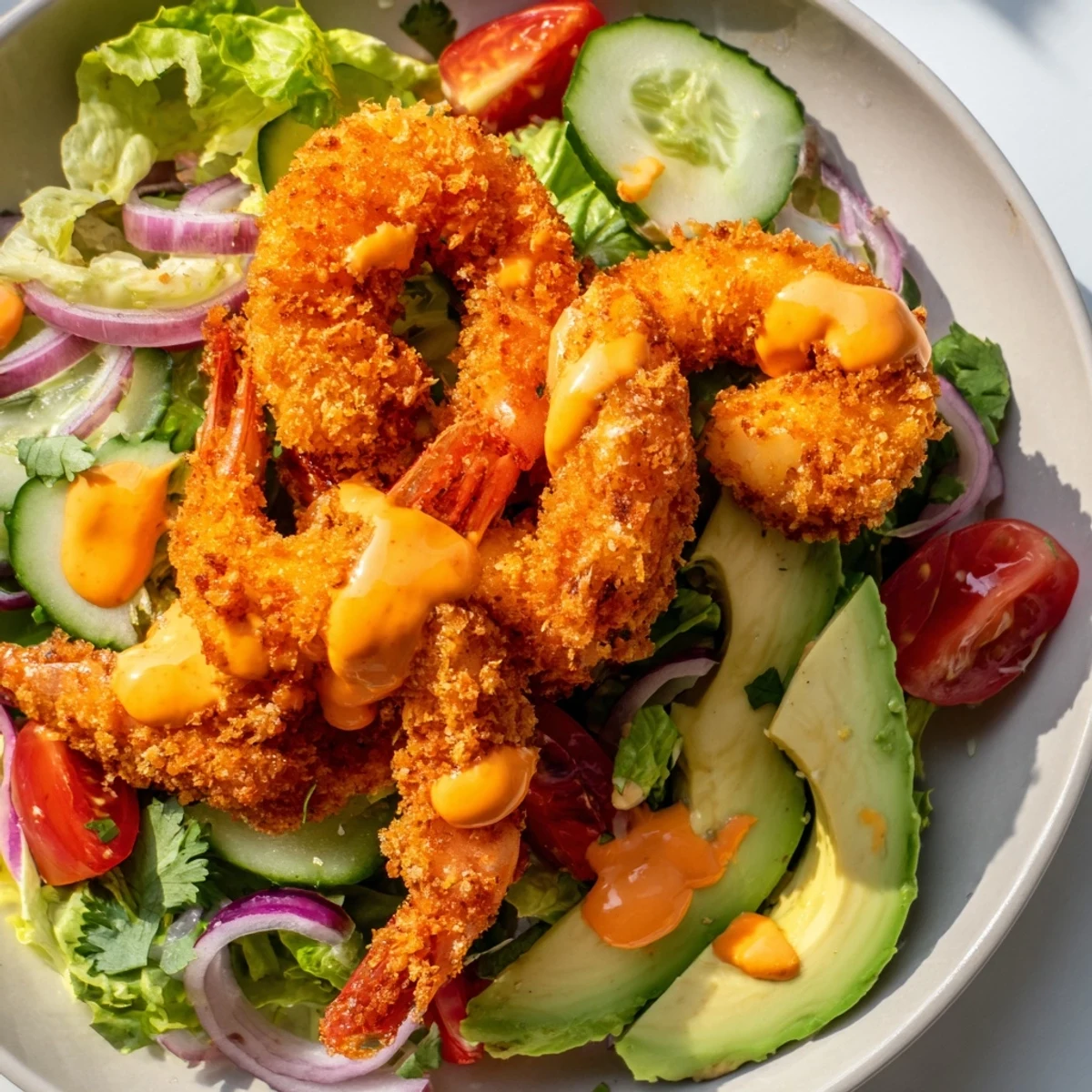 A colorful salad bowl overflowing with a delicious Spicy Crispy Shrimp Salad, ready to enjoy.