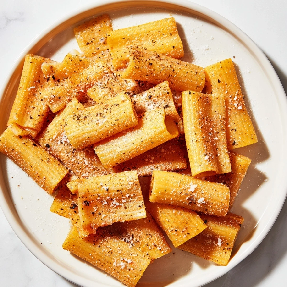 Golden-brown pasta chips, crispy and flavorful, made from air-fried penne, perfect for snacking.