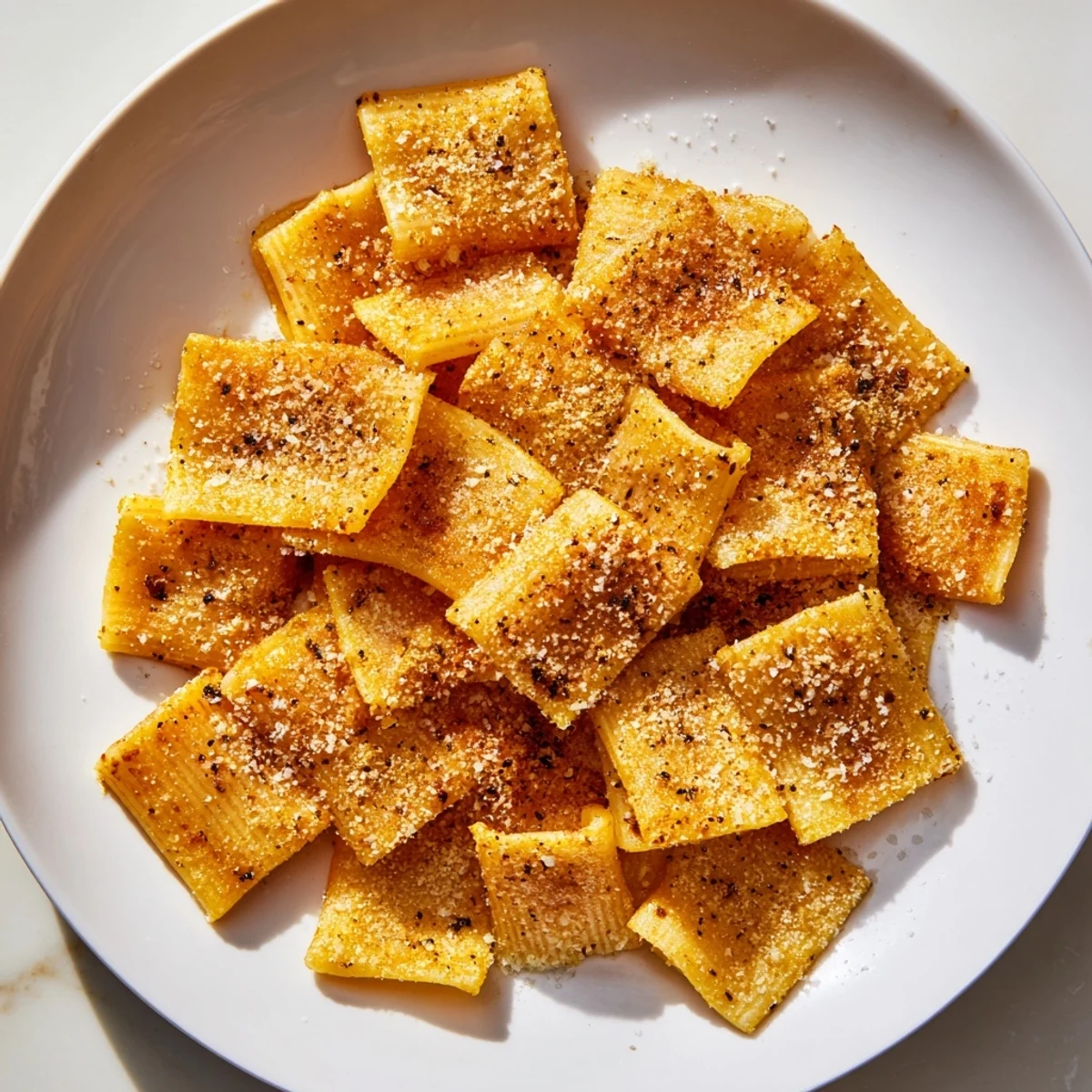 A close-up of delicious pasta chips: air-fried pasta coated with Parmesan and herbs, ready to serve.